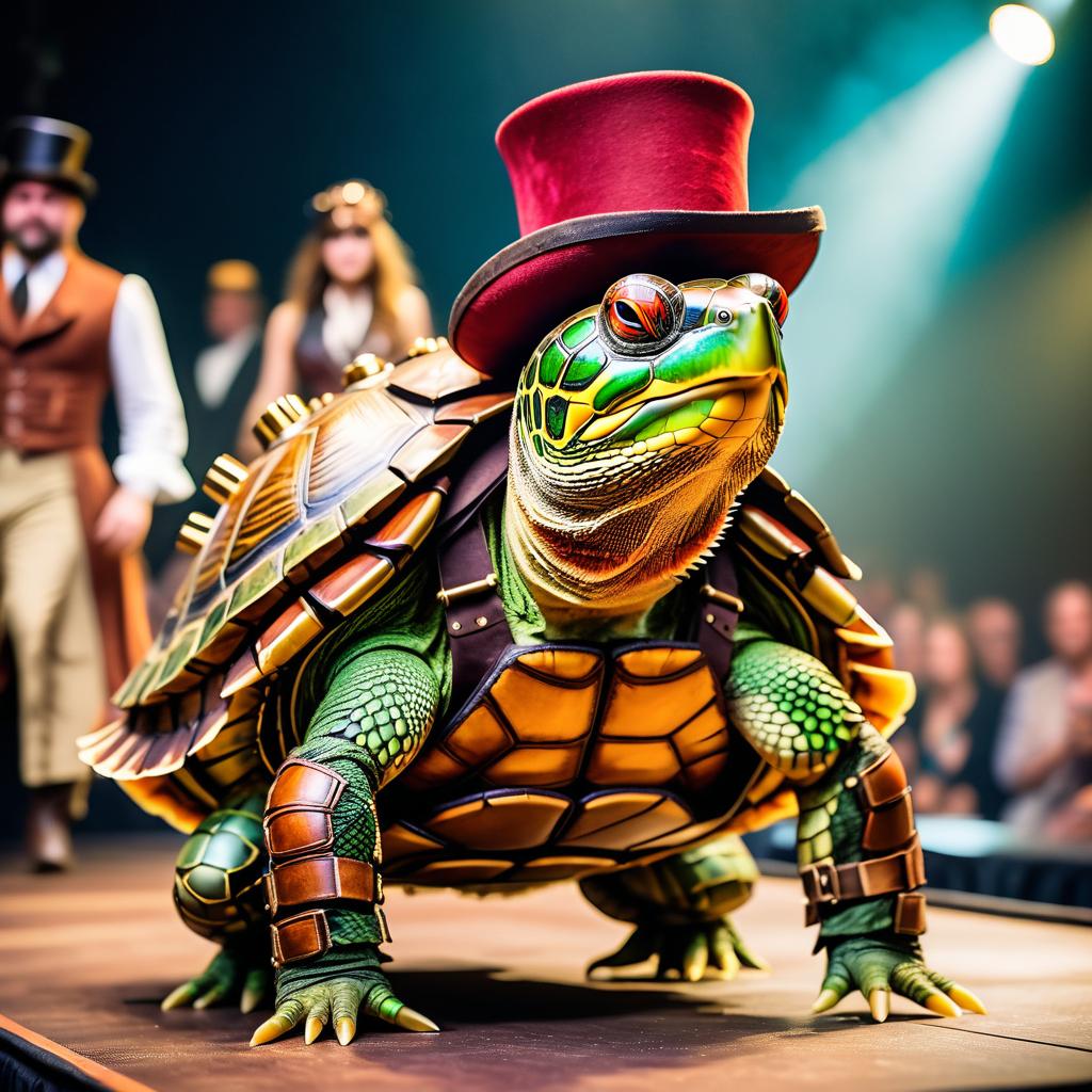 red-eared slider turtle/tortoise strutting down the fashion show catwalk stage in an elaborate steampunk outfit featuring leather harnesses, brass gears, and a top hat, high energy and dramatic.