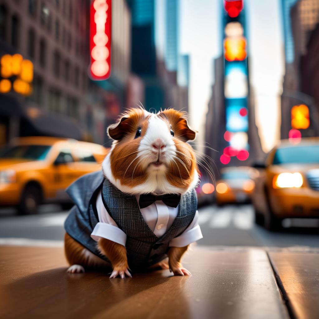 abyssinian guinea pig in new york, dressed in classy clothing, against an iconic nyc backdrop with a cinematic, high-detail style.