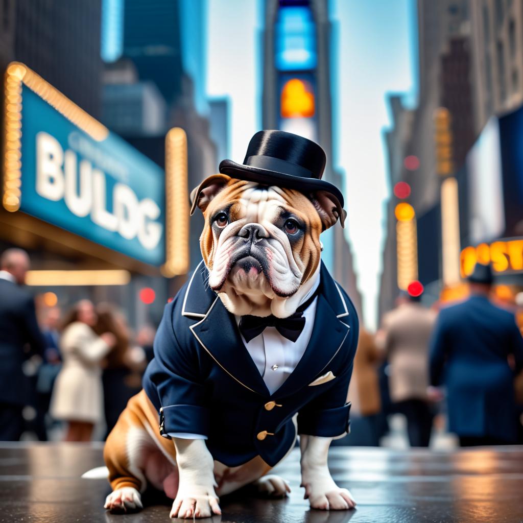 bulldog in new york, dressed in classy clothing, against an iconic nyc backdrop with a cinematic, high-detail style.