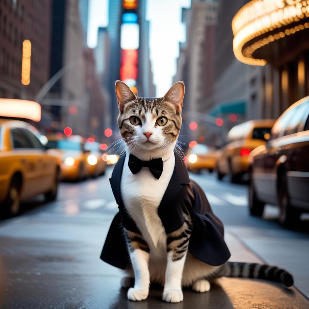 domestic shorthair cat in new york, dressed in classy clothing, against an iconic nyc backdrop with a cinematic, high-detail style.