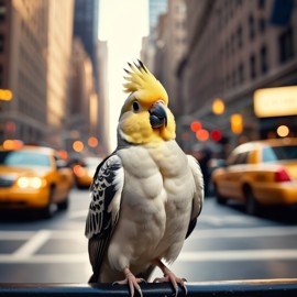 cockatiel bird in new york, dressed in classy clothing, against an iconic nyc backdrop with a cinematic, high-detail style.