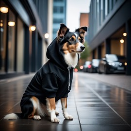 collie in a black hoodie, set against a modern urban backdrop, emphasizing a stylish and trendy look.