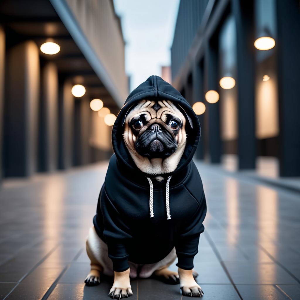 pug in a black hoodie, set against a modern urban backdrop, emphasizing a stylish and trendy look.