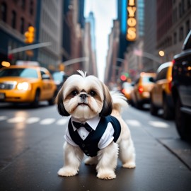 shih tzu in new york, dressed in classy clothing, against an iconic nyc backdrop with a cinematic, high-detail style.