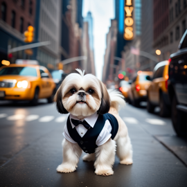 shih tzu in new york, dressed in classy clothing, against an iconic nyc backdrop with a cinematic, high-detail style.