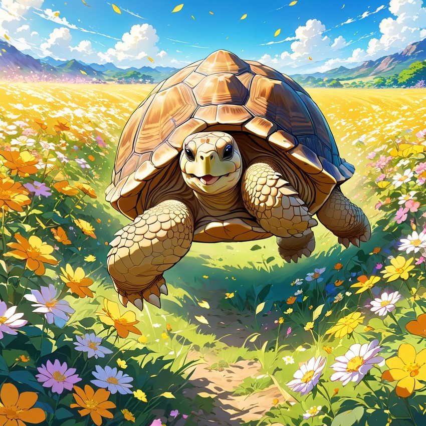 anime artwork of sulcata tortoise turtle/tortoise running through a vibrant field of flowers with clear blue skies.