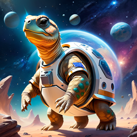 sulcata tortoise turtle/tortoise as astronaut in space, ethereal and magical style, wearing spacesuit.