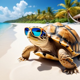 sulcata tortoise turtle/tortoise on a beautiful beach with white sand and blue sea, wearing sunglasses.