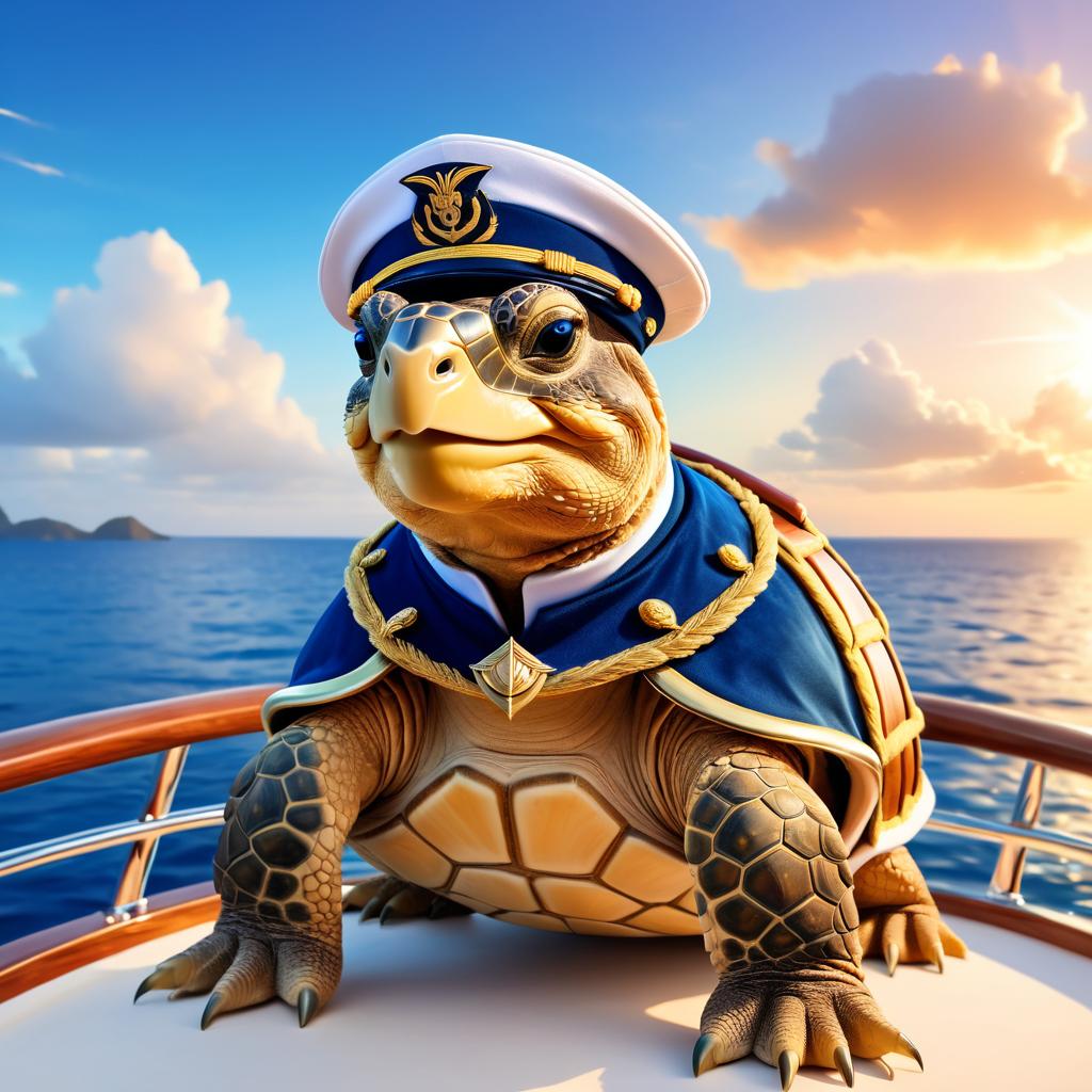 sulcata tortoise turtle/tortoise as a captain on a luxury yacht, wearing captain uniform, ethereal and majestic.