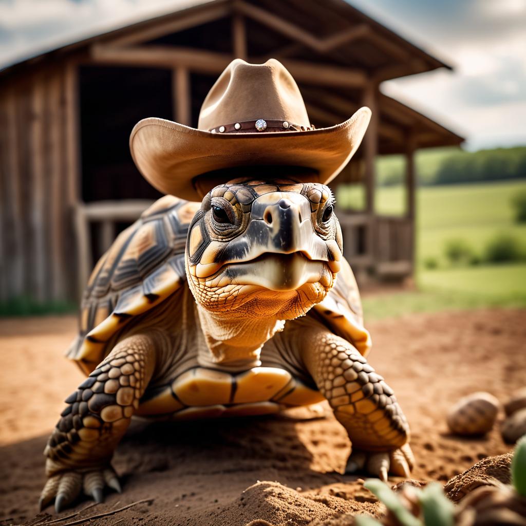 sulcata tortoise turtle/tortoise as a cowboy wearing a hat, in the midwest countryside, on a farm.