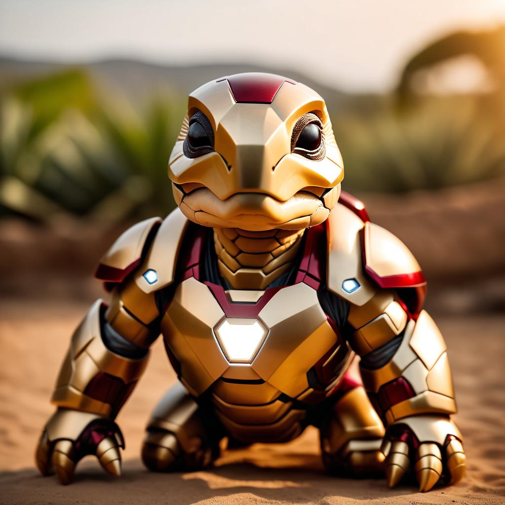 sulcata tortoise turtle/tortoise as iron man, featuring a detailed iron man costume and a high-budget movie scene.