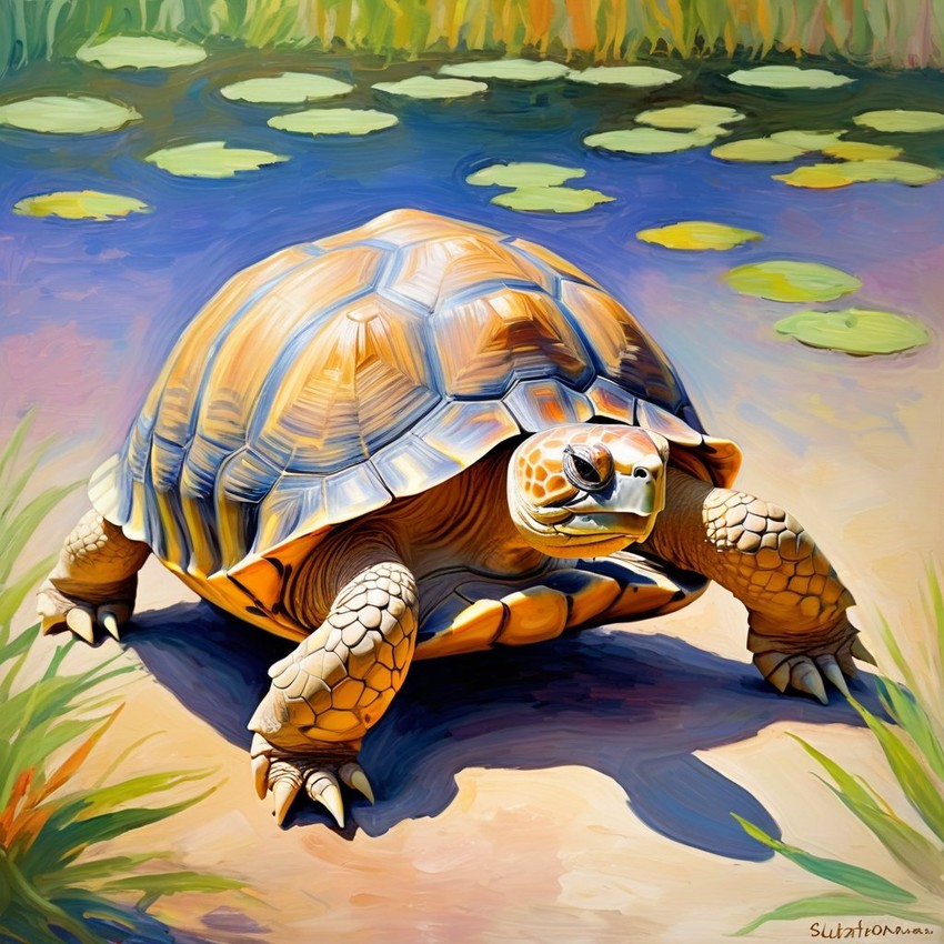 sulcata tortoise turtle/tortoise in the style of monet, featuring delicate brush strokes and a classic, artistic appearance.