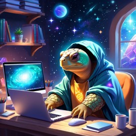 sulcata tortoise turtle/tortoise as a programmer, working on a laptop in a hoodie, capturing a cute and magical moment.