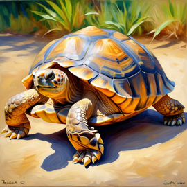 sulcata tortoise turtle/tortoise in the style of renoir, showcasing classic artistic brush strokes and timeless elegance.