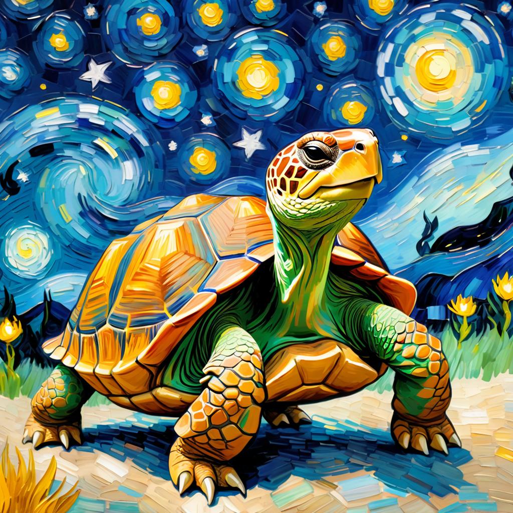 sulcata tortoise turtle/tortoise by van gogh, featuring starry night brush strokes, capturing a cute and happy expression.