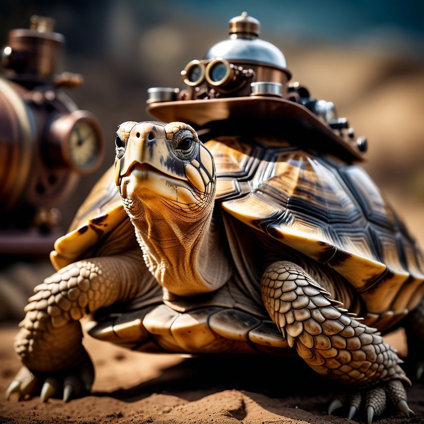 sulcata tortoise turtle/tortoise in a steampunk style, happy, highly detailed, retro-futuristic, with a vintage aesthetic.