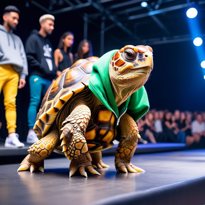 sulcata tortoise turtle/tortoise strutting down the fashion show catwalk stage in trendy streetwear including a cool hoodie and sneakers, high energy and trendy.