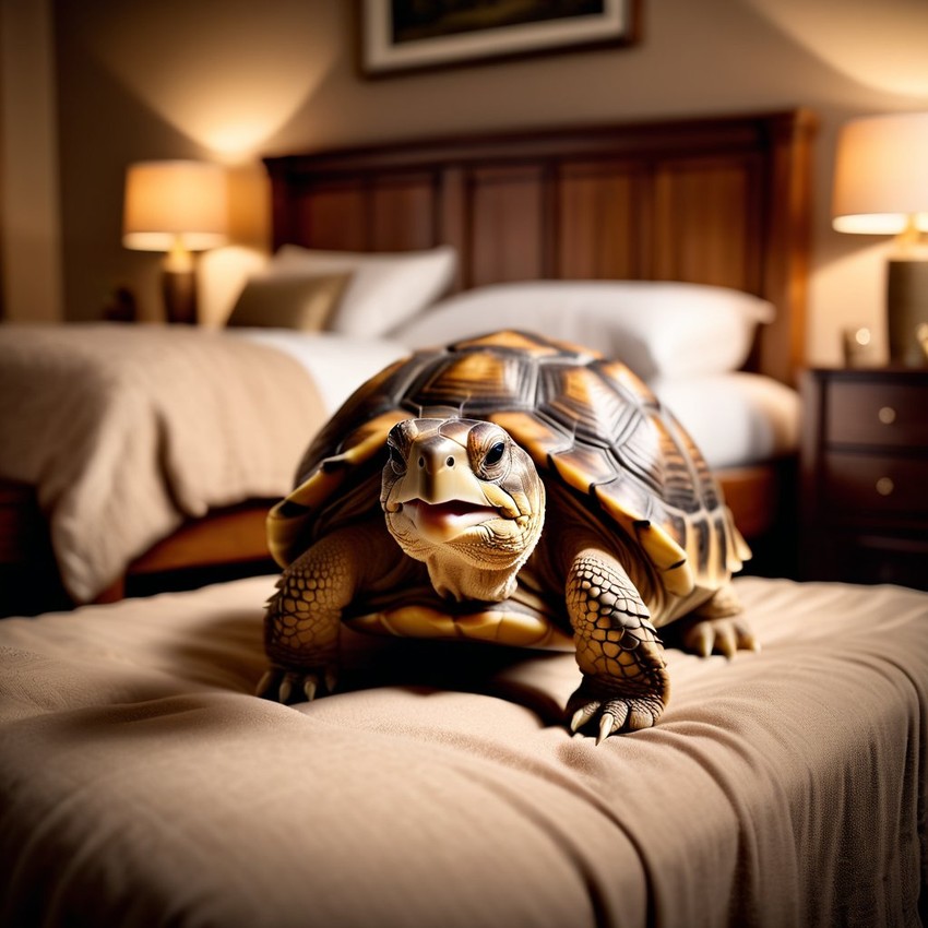 sulcata tortoise turtle/tortoise in cute pyjamas, relaxing in a beautiful posh bedroom, highlighting happiness and coziness.