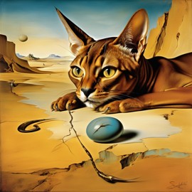 surreal painting of abyssinian cat inspired by salvador dali, in the style of 'the persistence of memory', highly detailed.