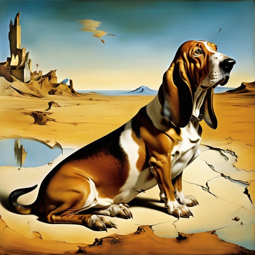 surreal painting of basset hound inspired by salvador dali, in the style of 'the persistence of memory', highly detailed.