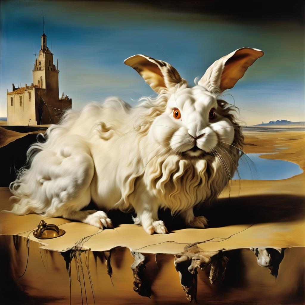 surreal painting of english angora rabbit inspired by salvador dali, in the style of 'the persistence of memory', highly detailed.