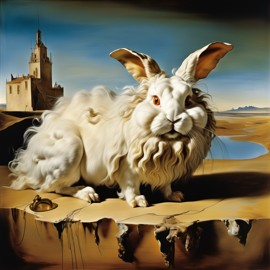 surreal painting of english angora rabbit inspired by salvador dali, in the style of 'the persistence of memory', highly detailed.