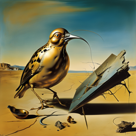 surreal painting of finch bird inspired by salvador dali, in the style of 'the persistence of memory', highly detailed.