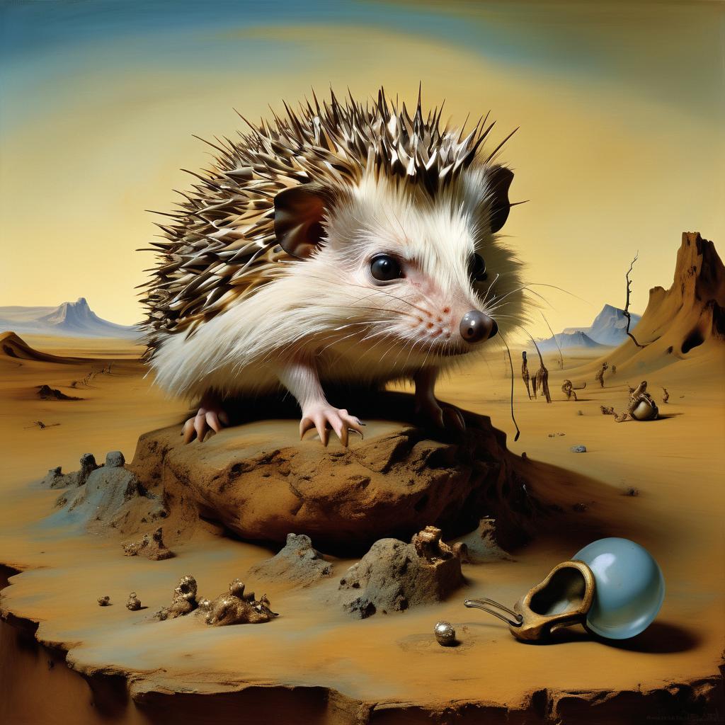 surreal painting of african pygmy hedgehog inspired by salvador dali, in the style of 'the persistence of memory', highly detailed.