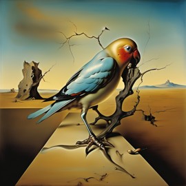 surreal painting of lovebird bird inspired by salvador dali, in the style of 'the persistence of memory', highly detailed.