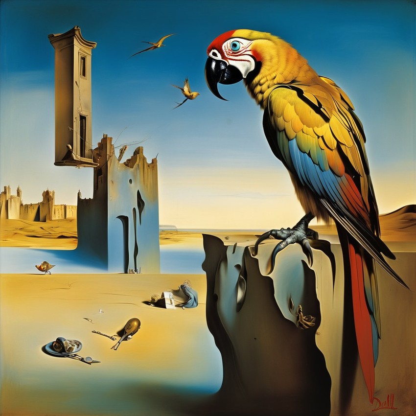 surreal painting of macaw bird inspired by salvador dali, in the style of 'the persistence of memory', highly detailed.