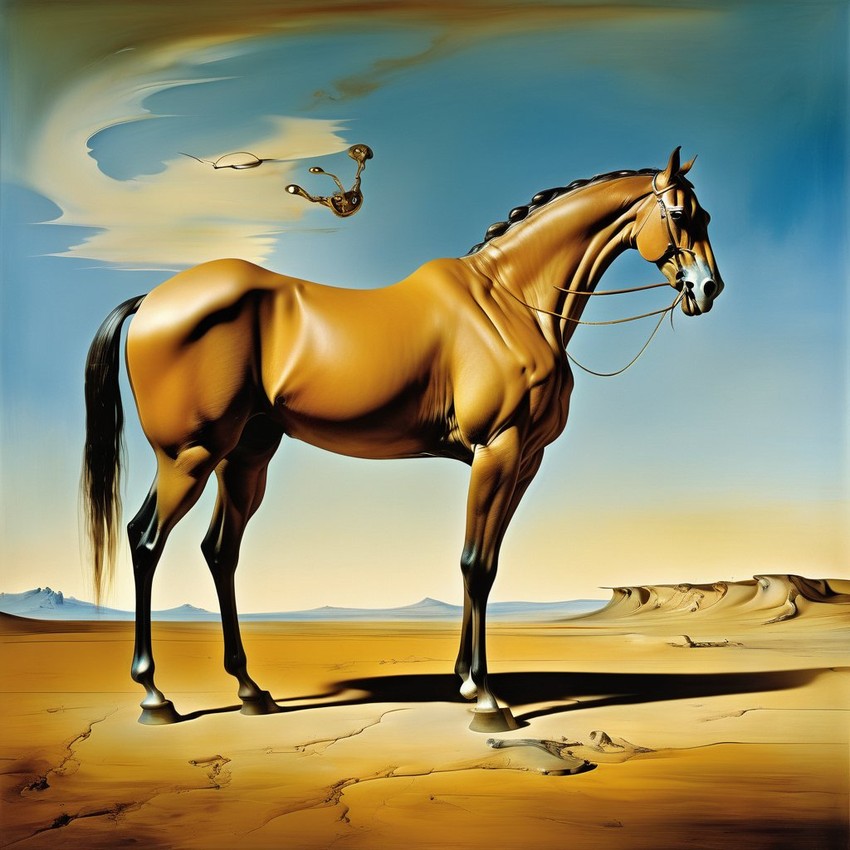 surreal painting of thoroughbred horse inspired by salvador dali, in the style of 'the persistence of memory', highly detailed.