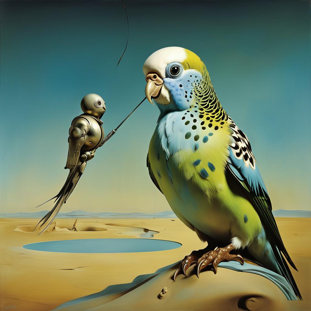 surreal painting of parakeet (budgerigar) bird inspired by salvador dali, in the style of 'the persistence of memory', highly detailed.