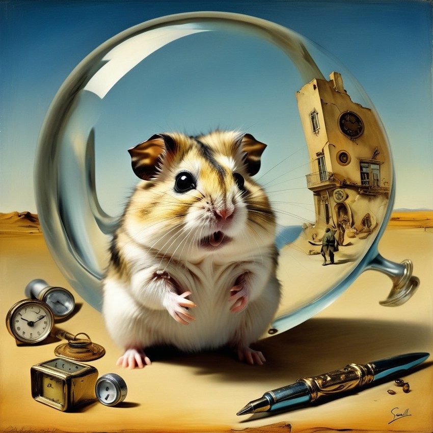 surreal painting of roborovski dwarf hamster inspired by salvador dali, in the style of 'the persistence of memory', highly detailed.