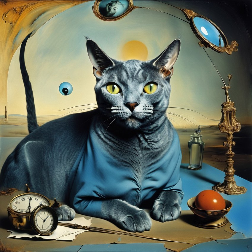 surreal painting of russian blue cat inspired by salvador dali, in the style of 'the persistence of memory', highly detailed.