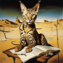 surreal painting of savannah cat inspired by salvador dali, in the style of 'the persistence of memory', highly detailed.