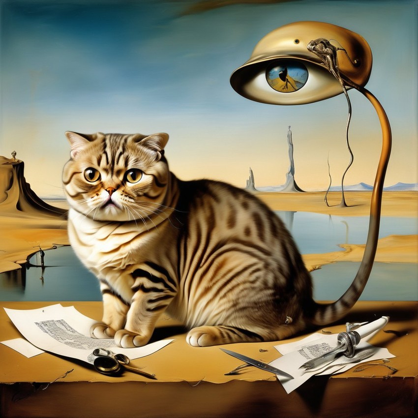 surreal painting of scottish fold cat inspired by salvador dali, in the style of 'the persistence of memory', highly detailed.