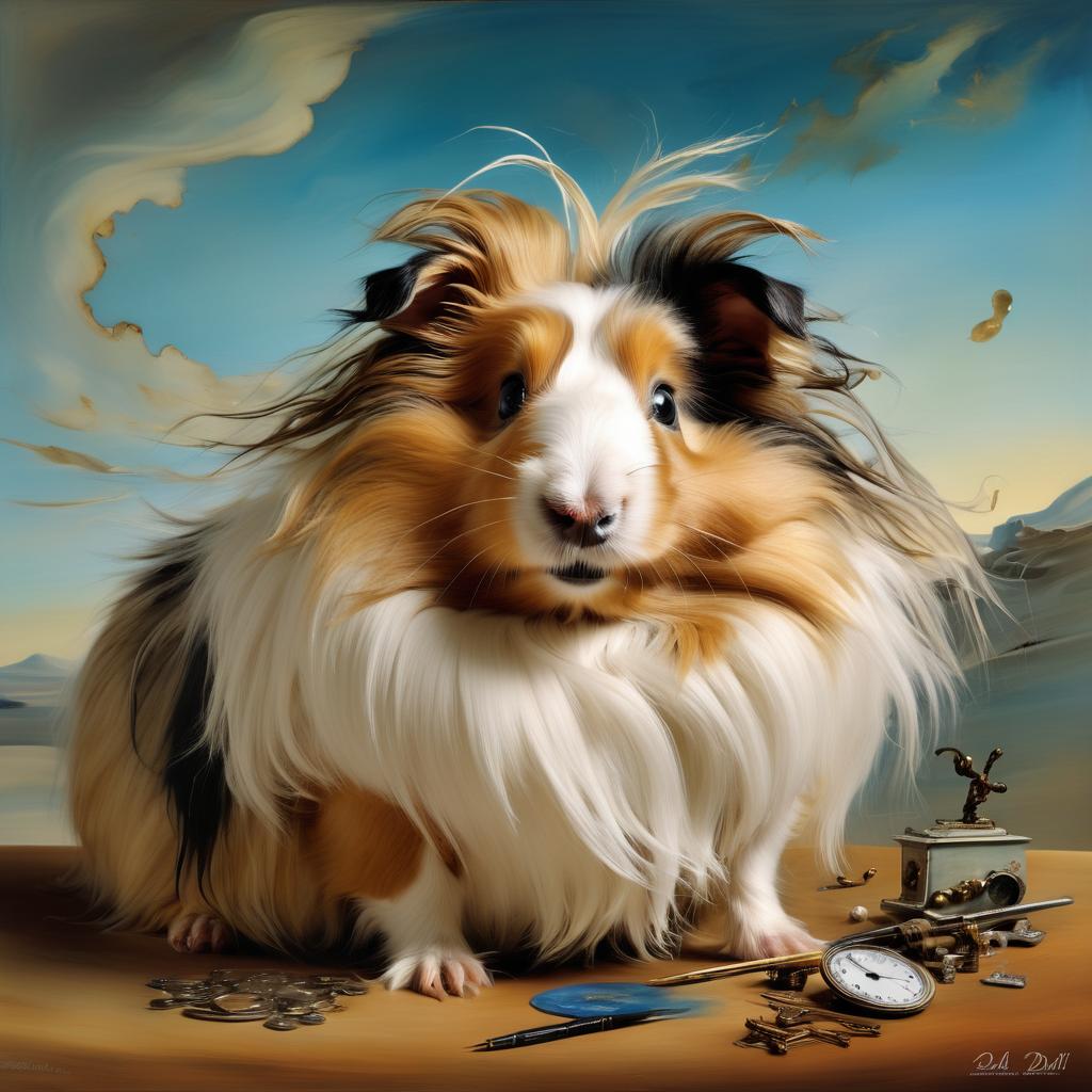 surreal painting of silkie (sheltie) guinea pig inspired by salvador dali, in the style of 'the persistence of memory', highly detailed.