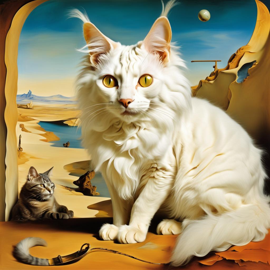 surreal painting of turkish angora cat inspired by salvador dali, in the style of 'the persistence of memory', highly detailed.