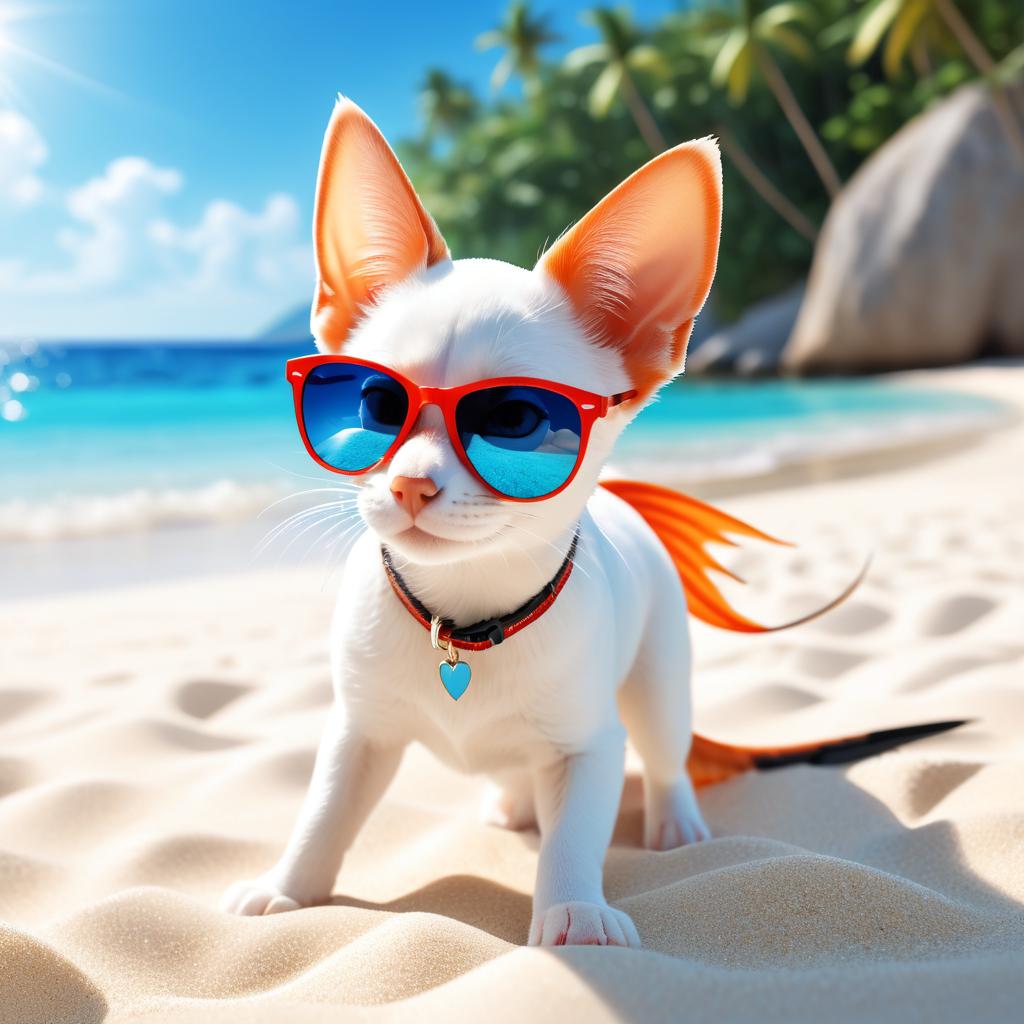 swordtail fish on a beautiful beach with white sand and blue sea, wearing sunglasses.