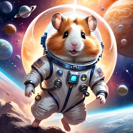 syrian hamster as astronaut in space, ethereal and magical style, wearing spacesuit.