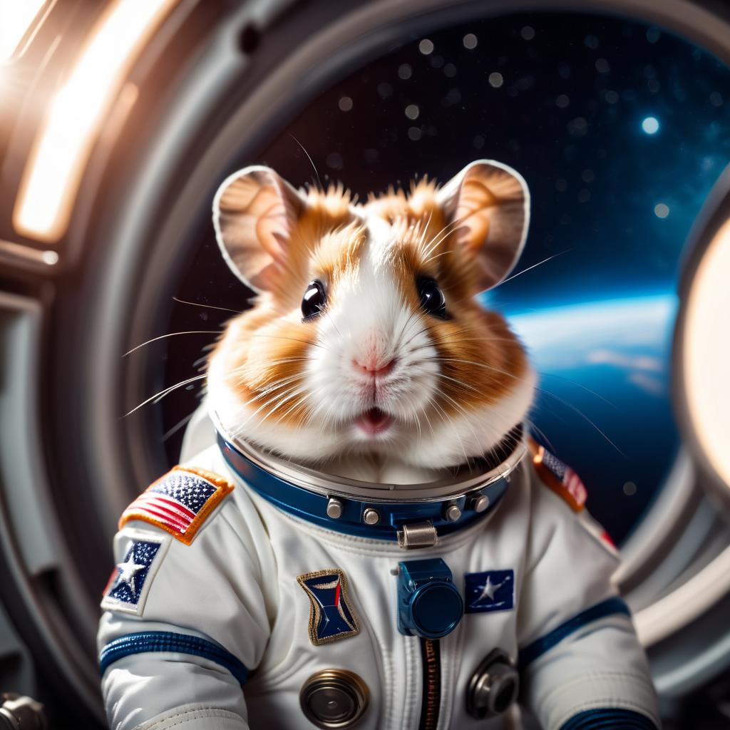 syrian hamster as astronaut in space, wearing spacesuit, with spacestation background.