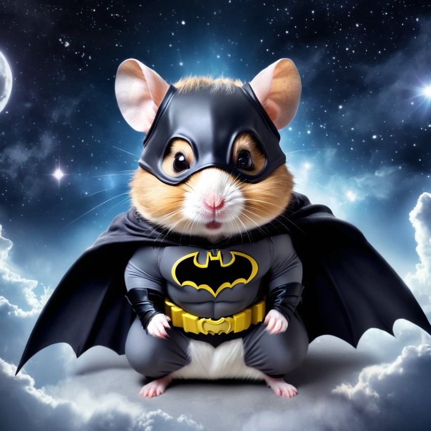 syrian hamster as batman, ethereal and majestic, wearing batman suit and mask.