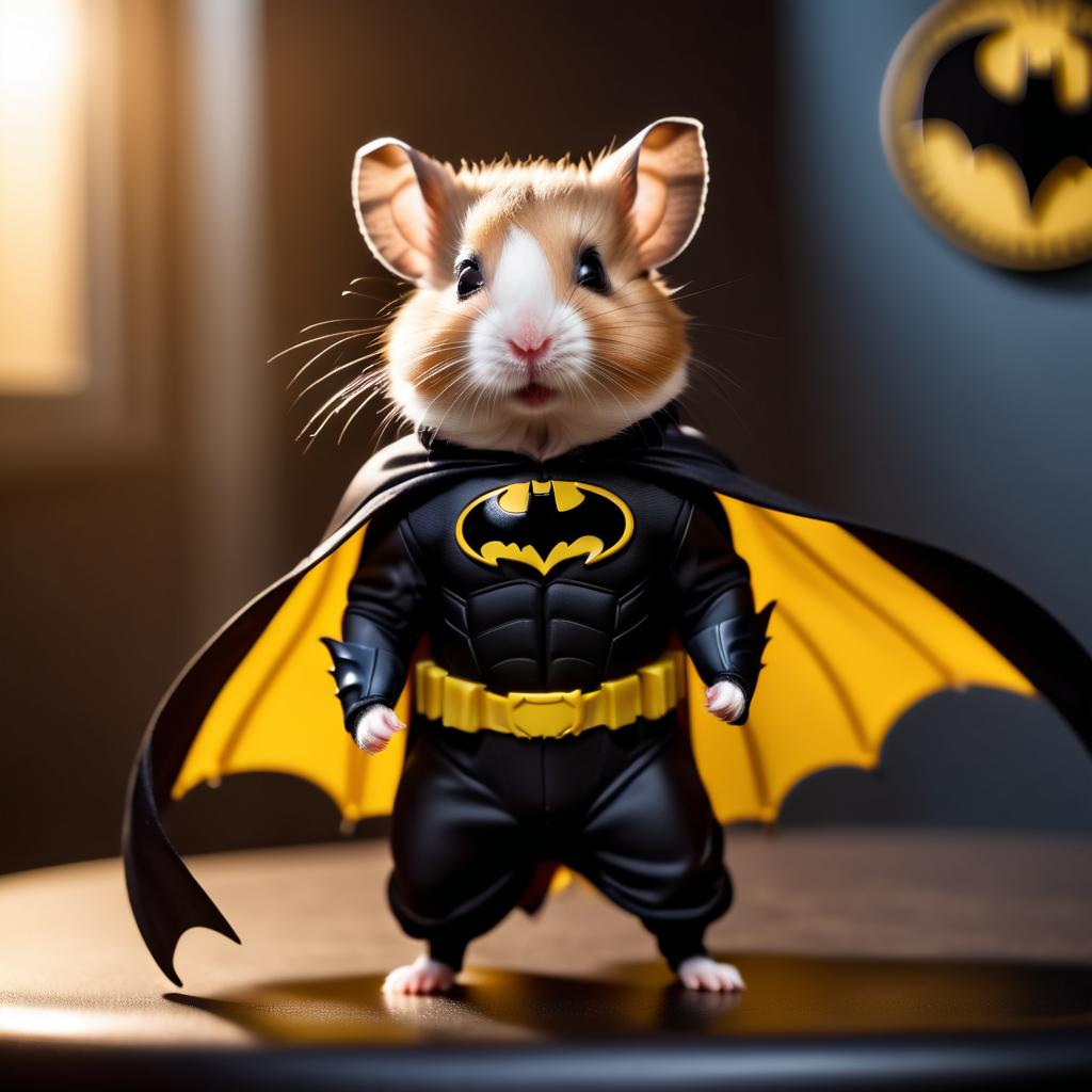 syrian hamster as batman, wearing batman suit and mask, highly detailed and vibrant.