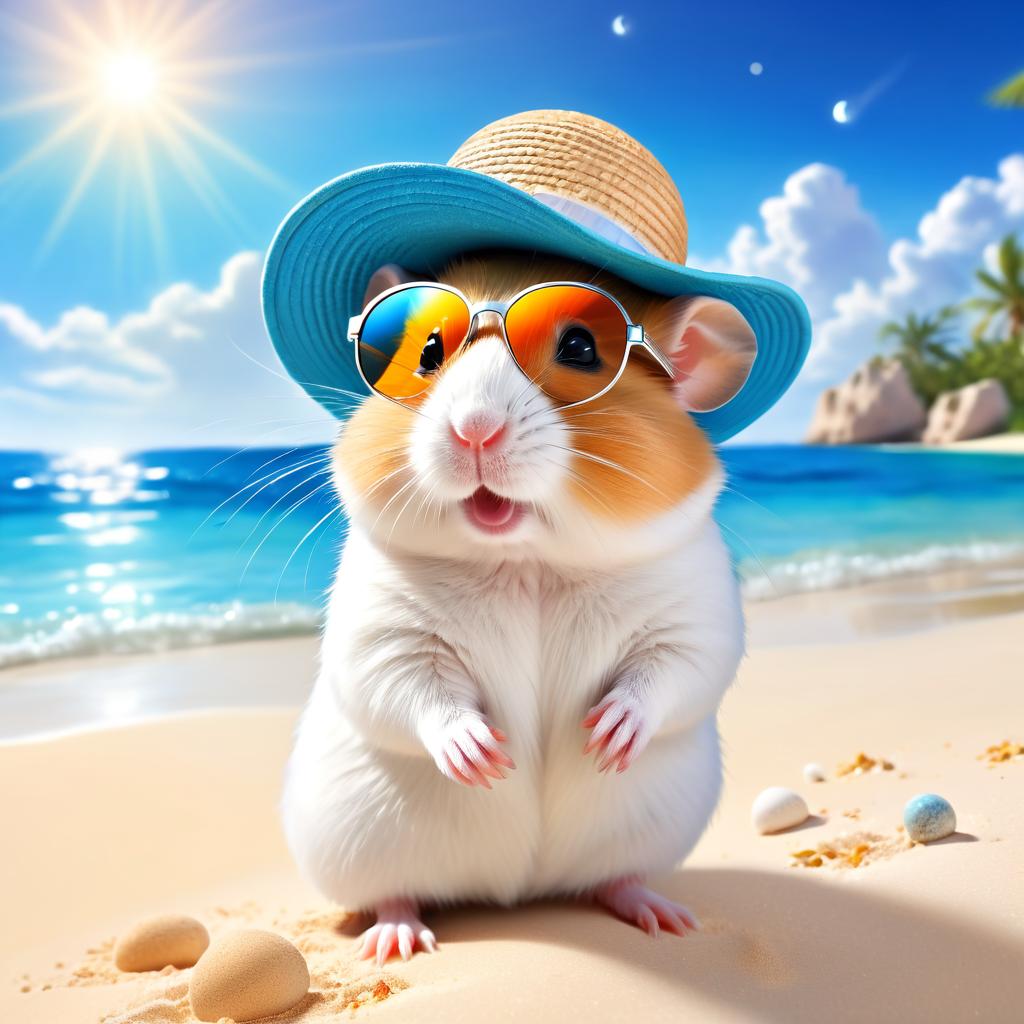 syrian hamster on a beach with white sand and blue sea, wearing sunglasses and summer hat.