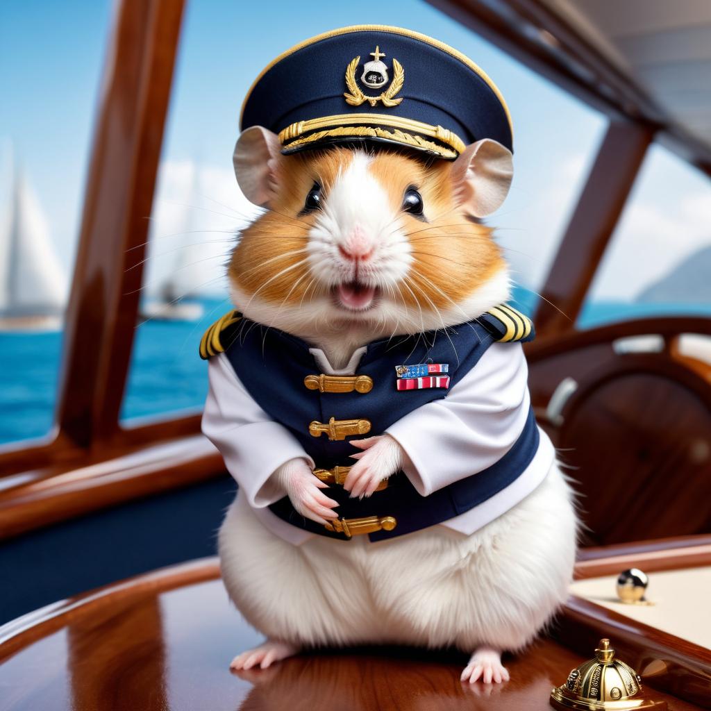 syrian hamster as a captain on a luxury yacht, wearing captain uniform, highly detailed.