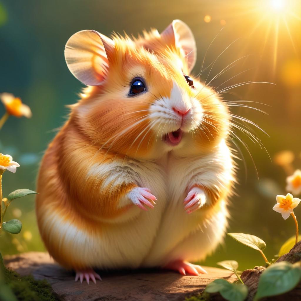 syrian hamster during golden hour, with a celestial and magical atmosphere, capturing their beauty in a dreamy setting.