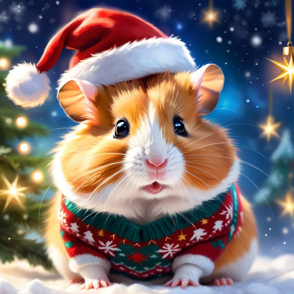 syrian hamster in a christmas sweater and santa hat, ethereal and magical.