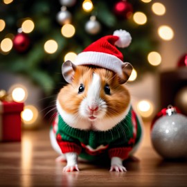 syrian hamster in a christmas sweater and santa hat, festive and detailed.