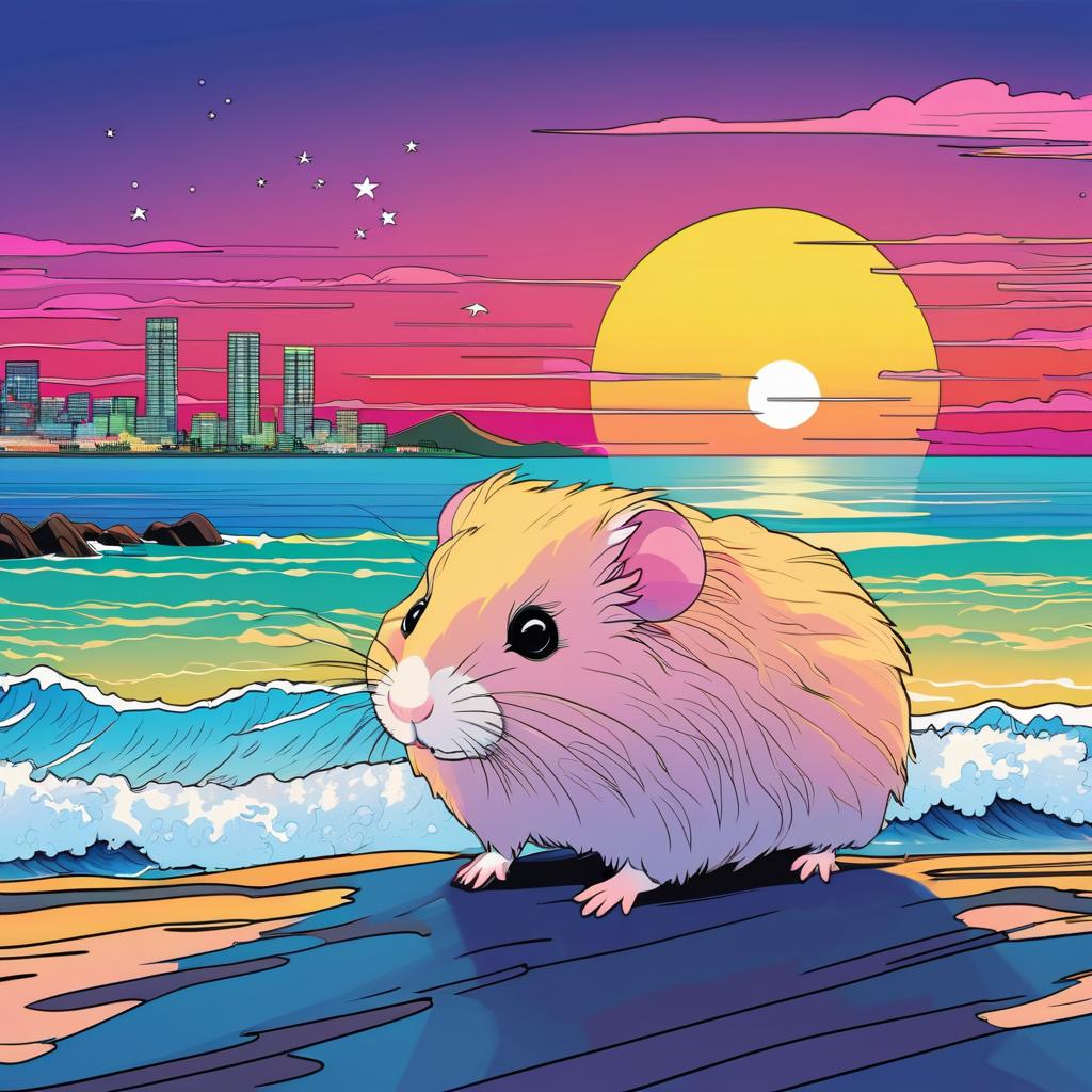 anime artwork of syrian hamster in city pop style, retro vaporwave, night view, summer beach scene.