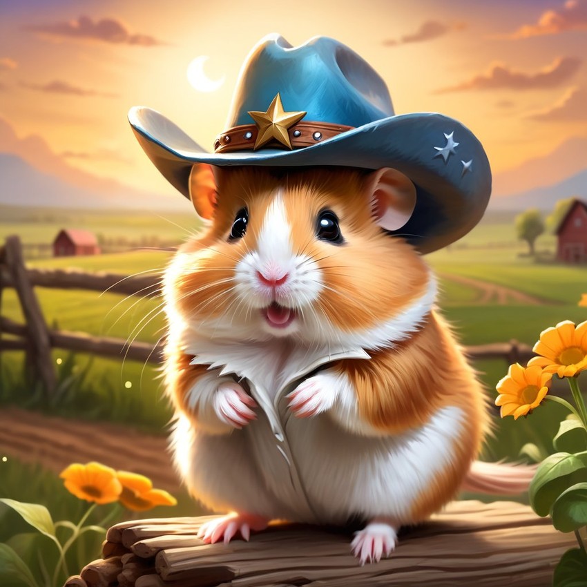 syrian hamster as a cowboy wearing a hat, in the midwest countryside, on a farm.